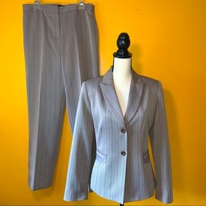Women’s tan/light brown pantsuit with blue/burgundy striping. Sz.12